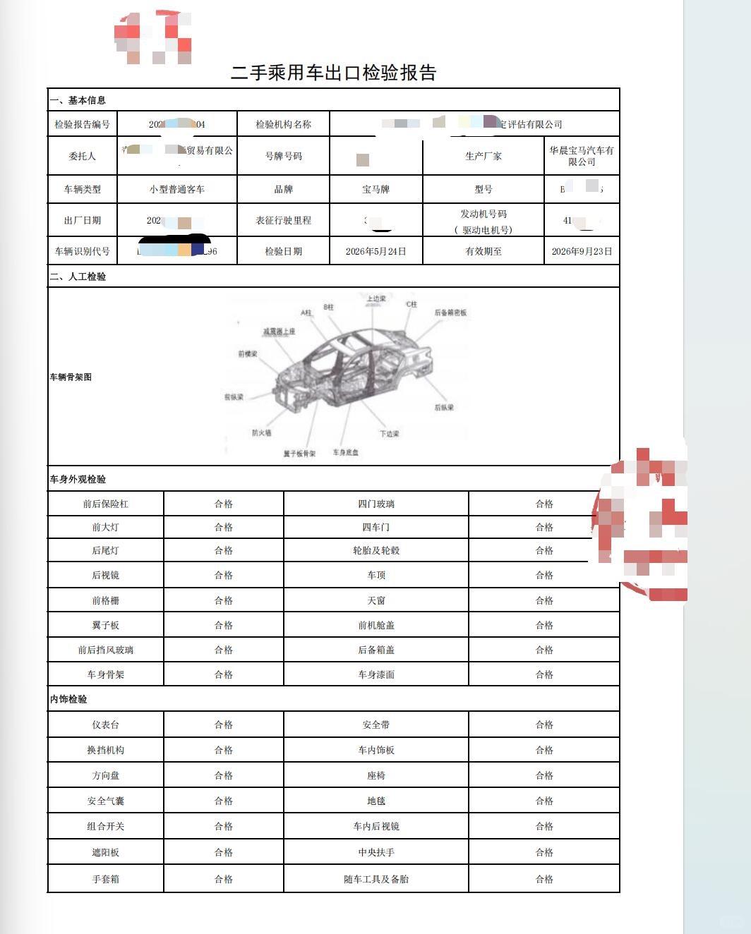 Redacted example of a used passenger vehicle export inspection report